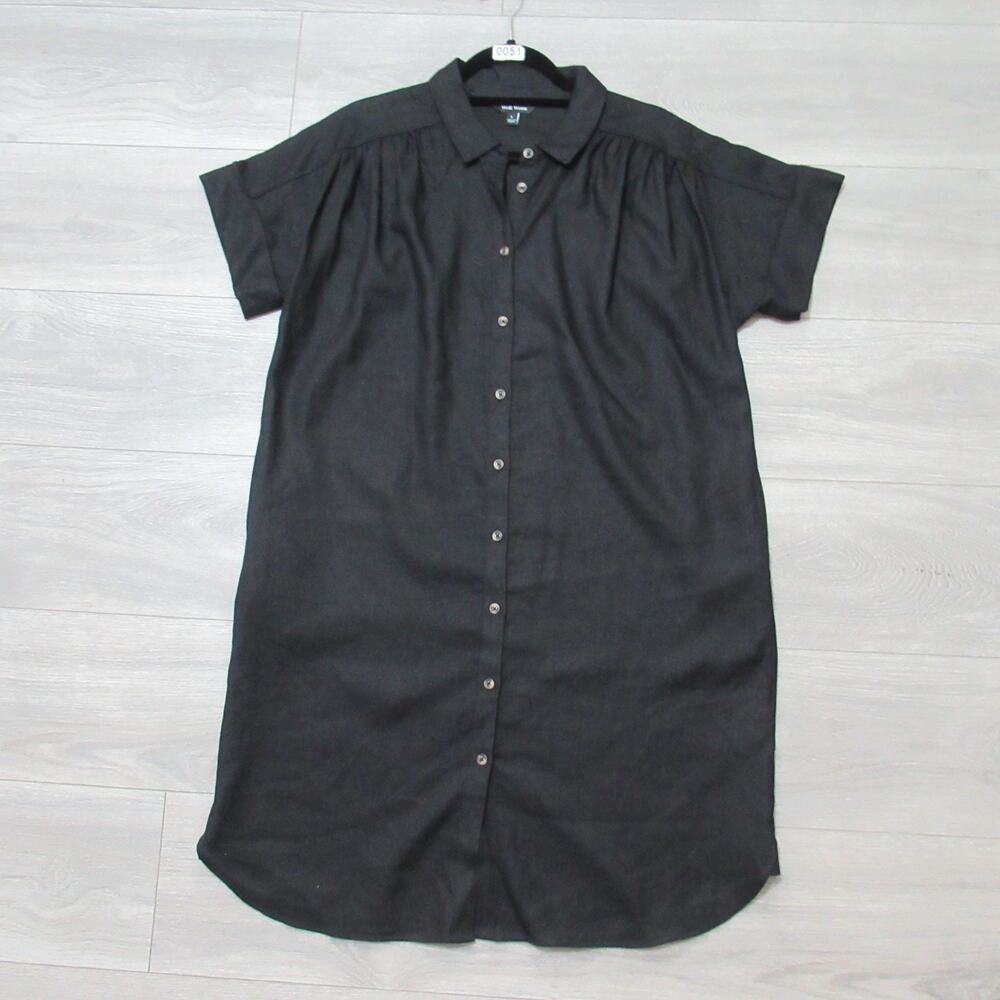 Well Worn Linen Blend Shirt Dress L Black Short Sleeve Cuff Button Front Pockets
